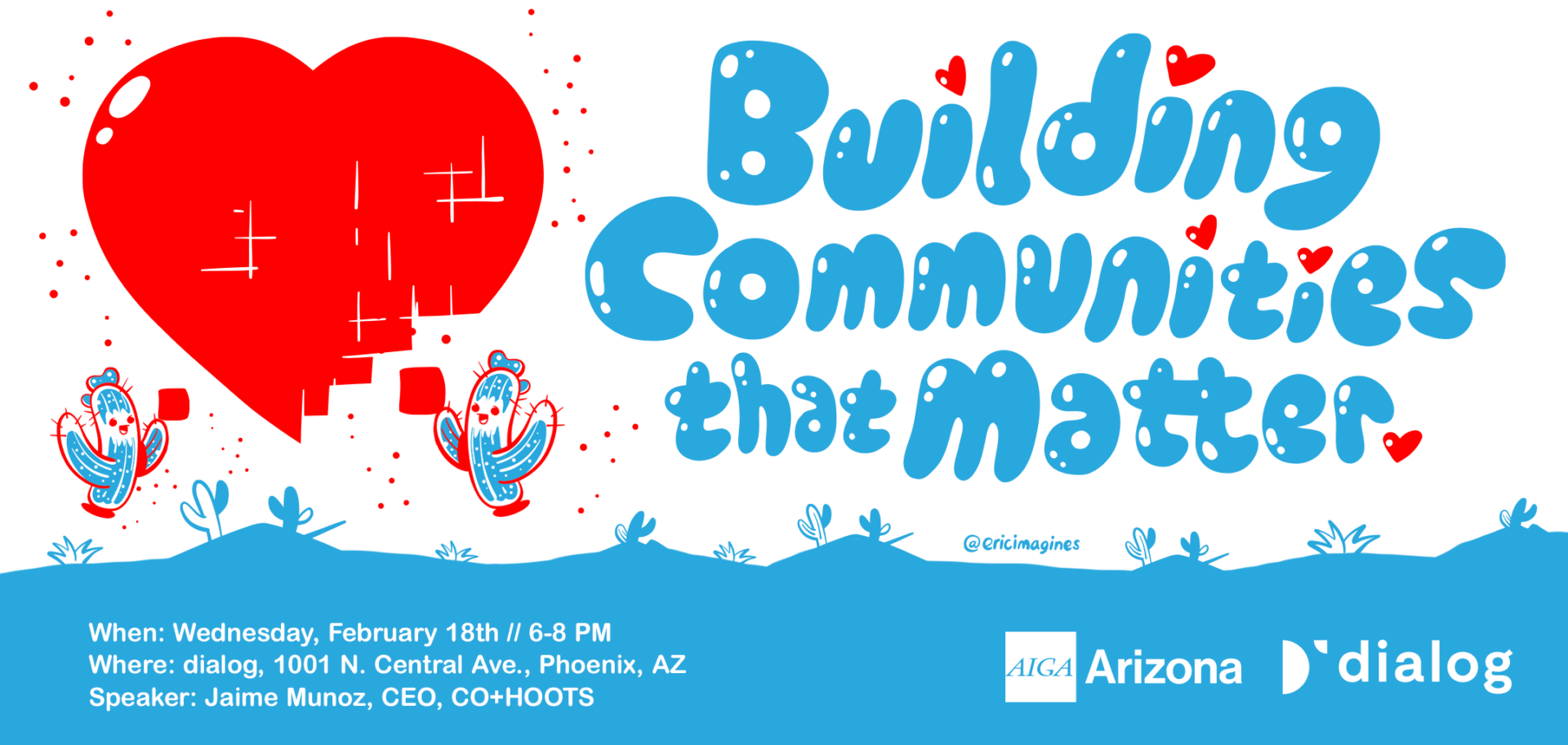 Giant red heart surrounded by cute animated cacti and bubbly text dotted with hearts